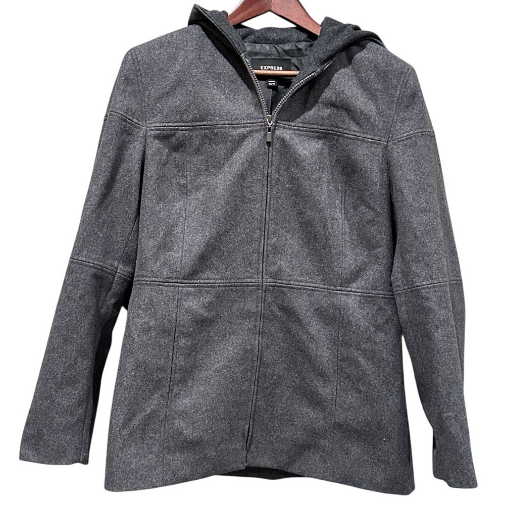 Express Coat Size 11/12 Womens Hooded Wool Jacket Dark Gray Full Zip Warm